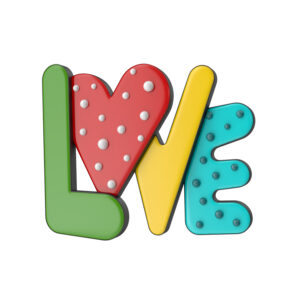 LÍNEA 1: letras coloridas LOVE con corazones y puntos, diseño moderno y alegre.
