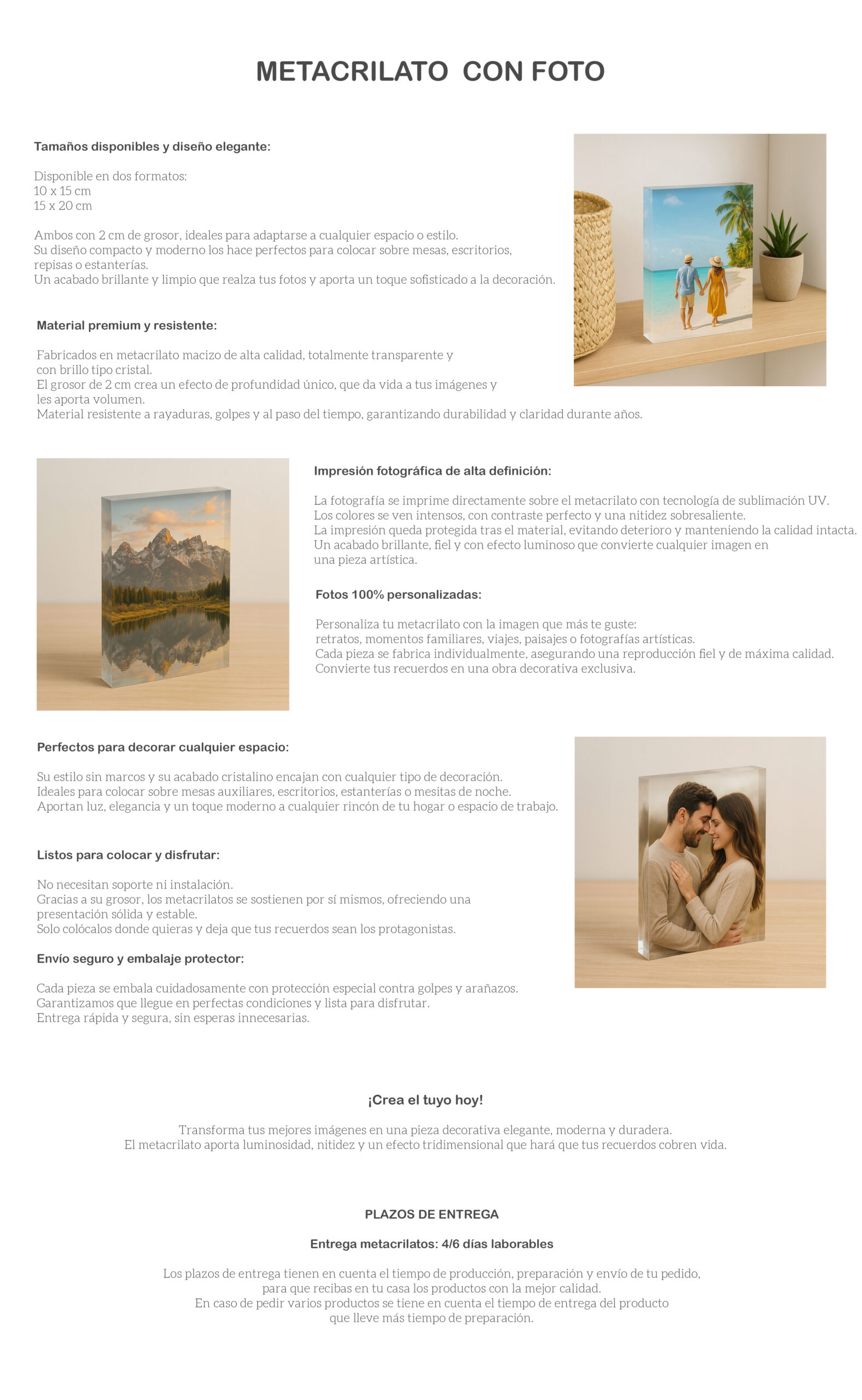 Metacrilato con foto personalizada para decoración moderna y duradera, en distintos tamaños.